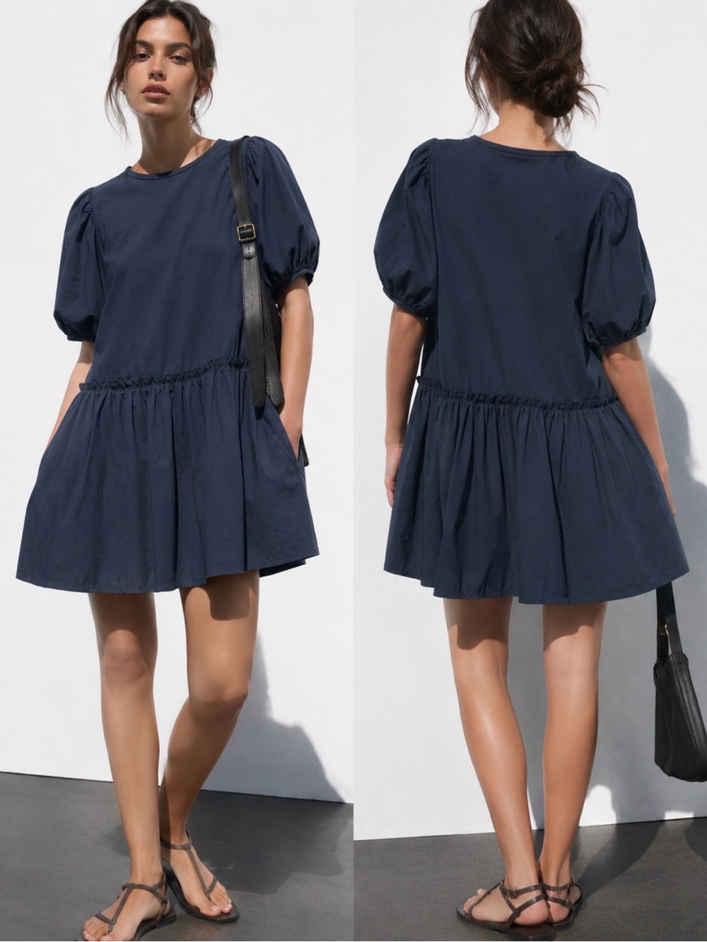Zara Navy Blue Puff-Sleeve Tiered Mini Dress